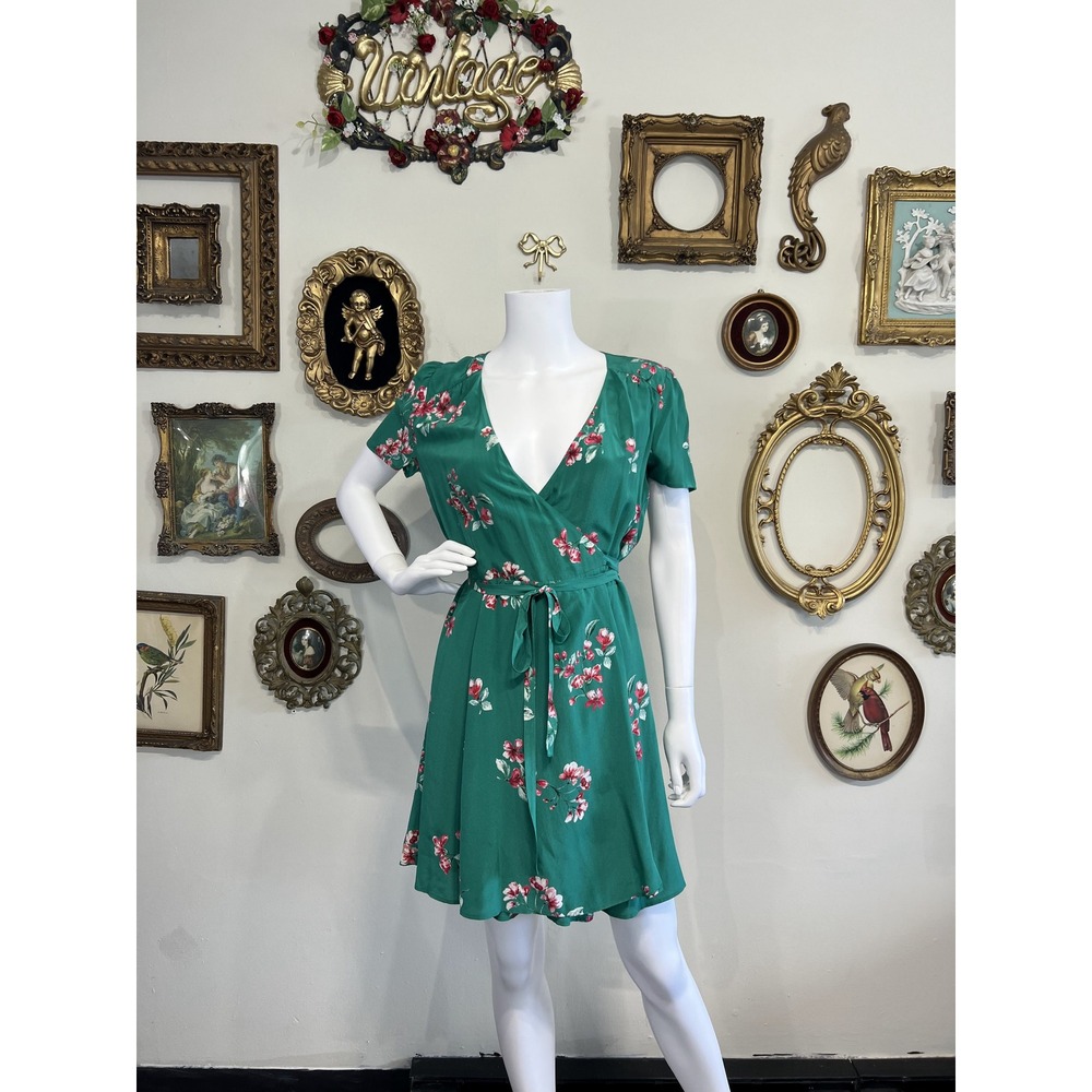 Sézane Green Cherry Floral Silk Wrap Dress Size 38